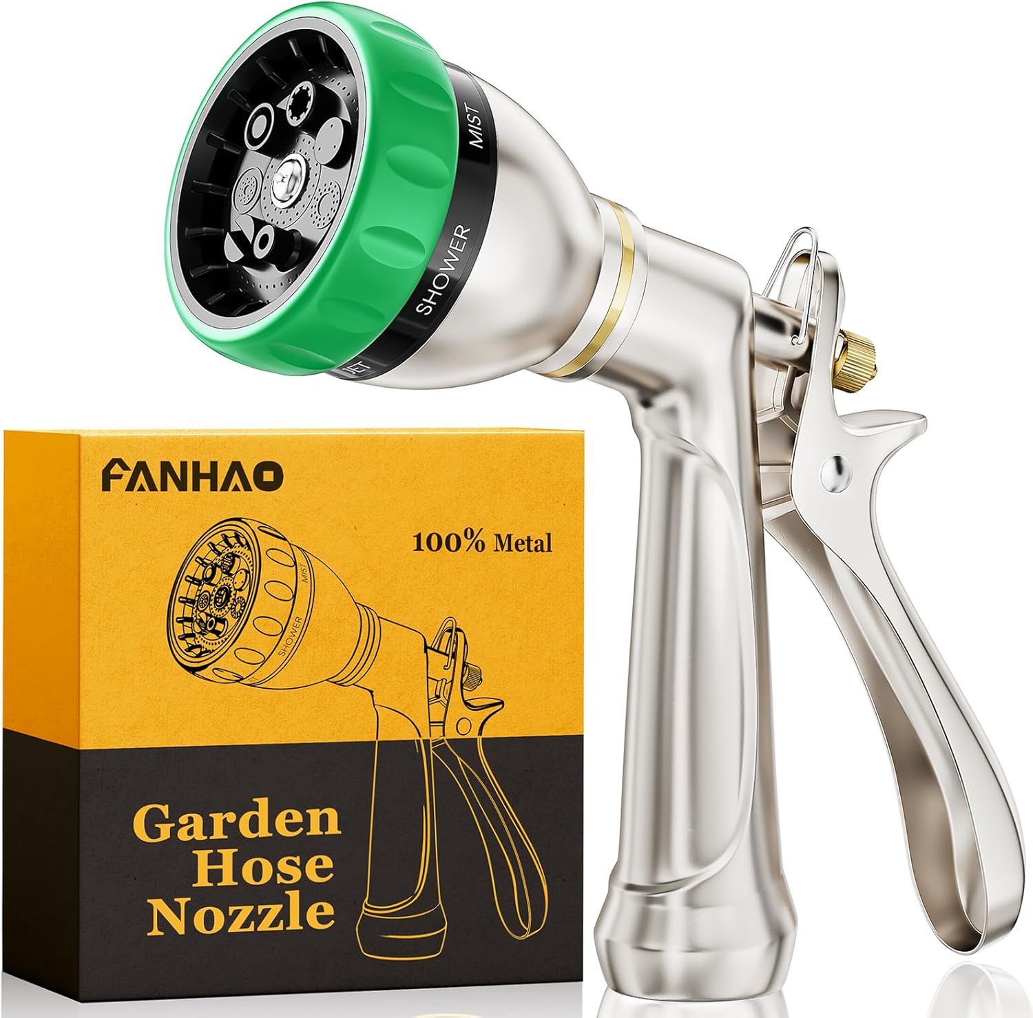 FANHAO Heavy Duty Metal Hose Nozzle - 7-Pattern, Ergonomic Rear Trigger