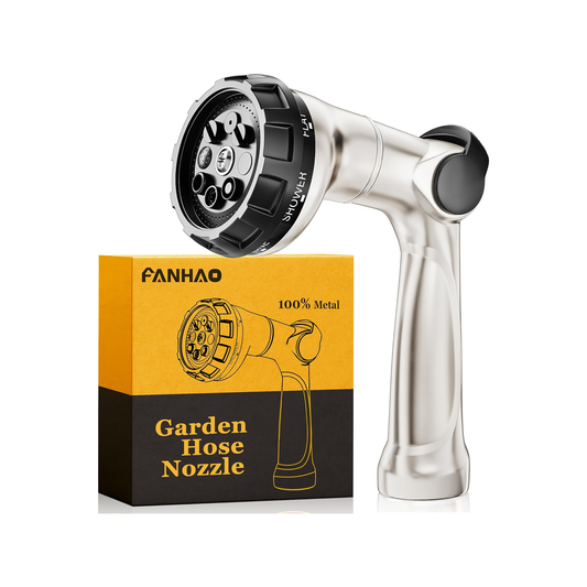 FANHAO Professional Heavy Duty Garden Hose Nozzle, 100% Metal Thumb Control Water Hose Sprayer with 8 Spray Patterns