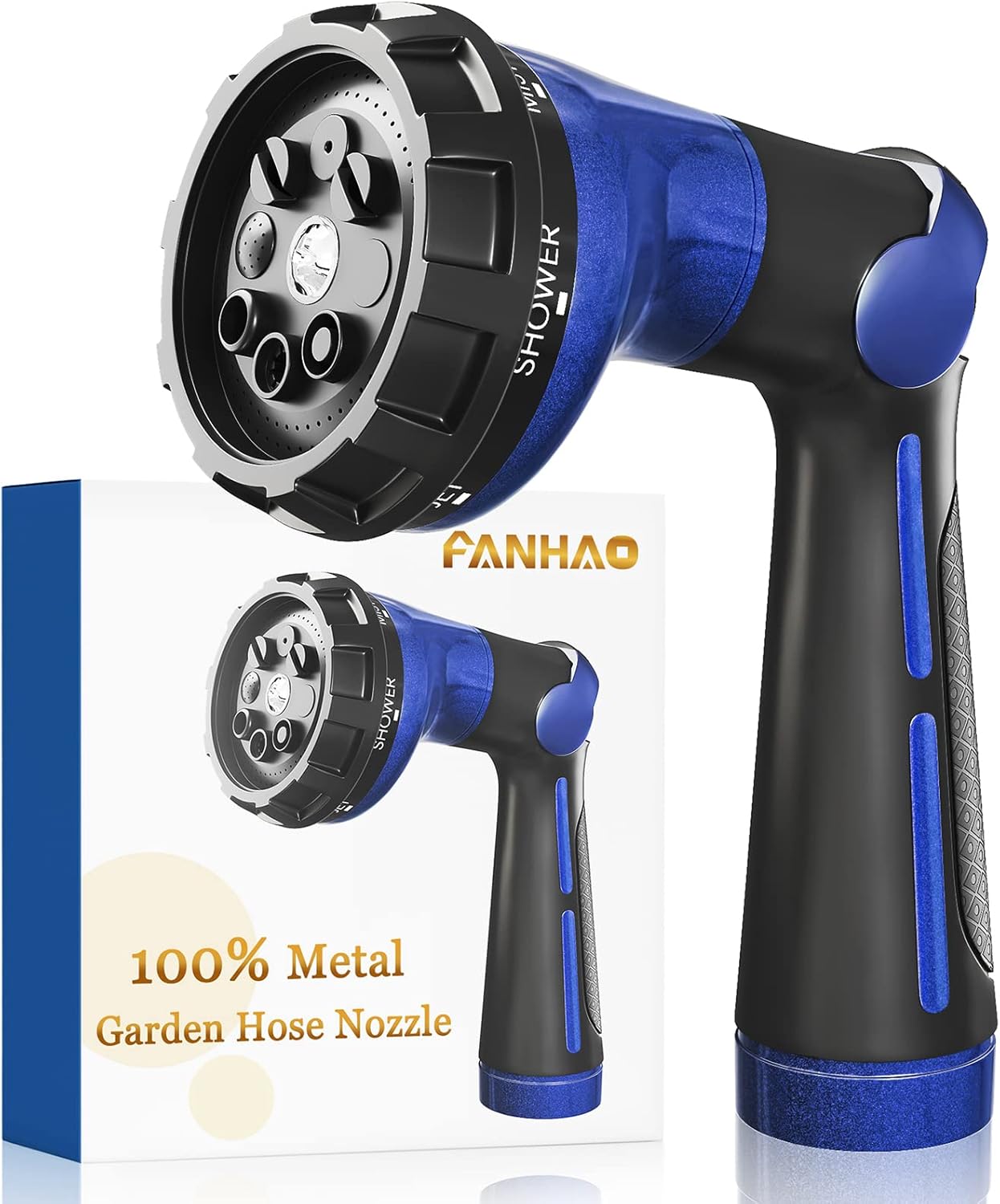 FANHAO Garden Hose Nozzle 100% Heavy Duty Metal Water Hose Sprayer with 8 Spray Patterns-Blue