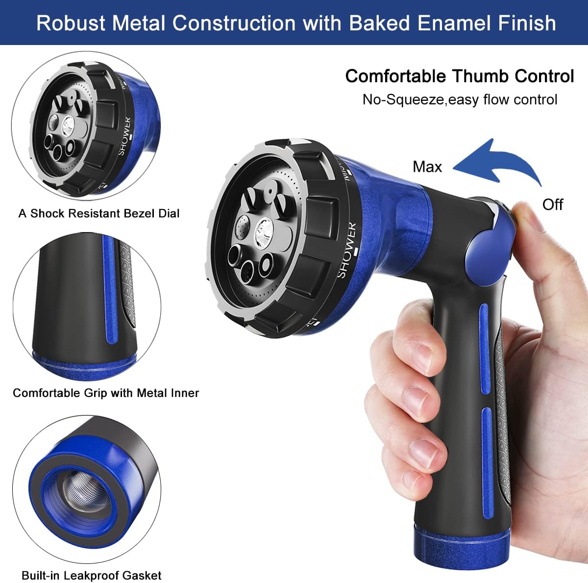 FANHAO Garden Hose Nozzle 100% Heavy Duty Metal Water Hose Sprayer with 8 Spray Patterns-Blue