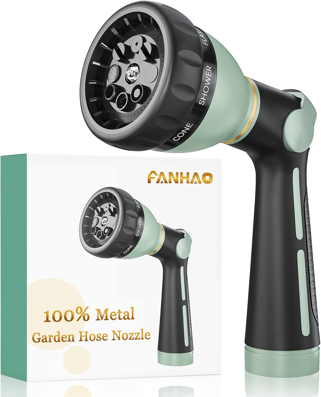 FANHAO Thumb Control Heavy-Duty 8-Pattern Metal Hose Nozzle - ‎Light Green