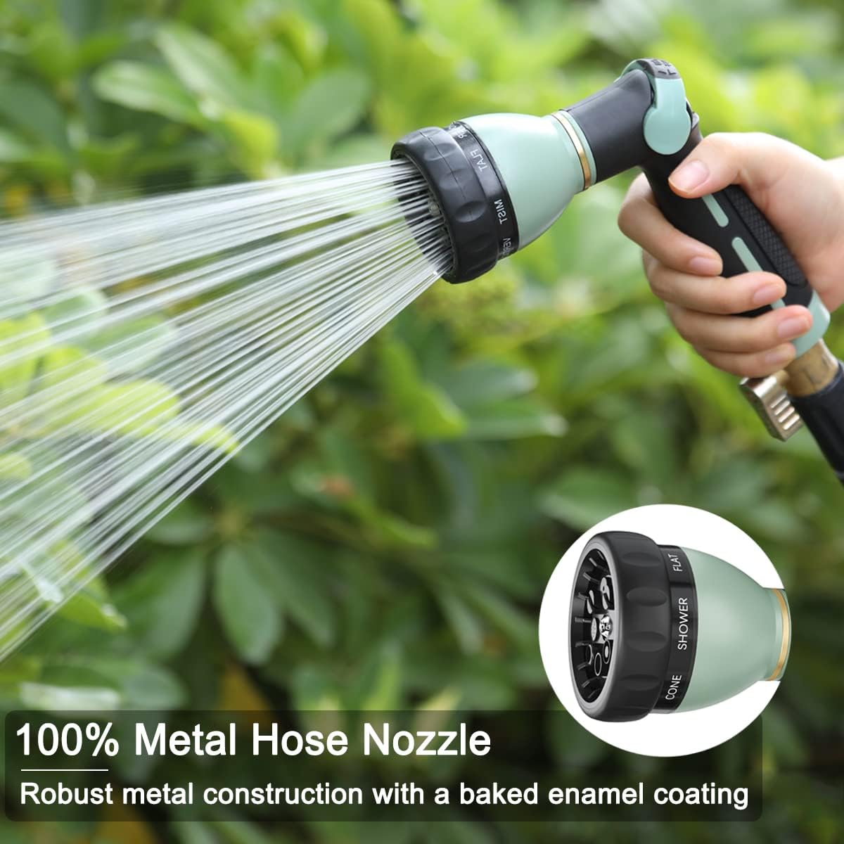 FANHAO Thumb Control Heavy-Duty 8-Pattern Metal Hose Nozzle - ‎Light Green