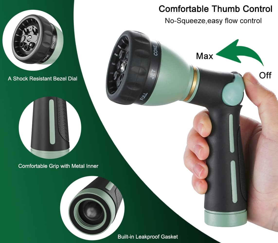 FANHAO Thumb Control Heavy-Duty 8-Pattern Metal Hose Nozzle - ‎Light Green