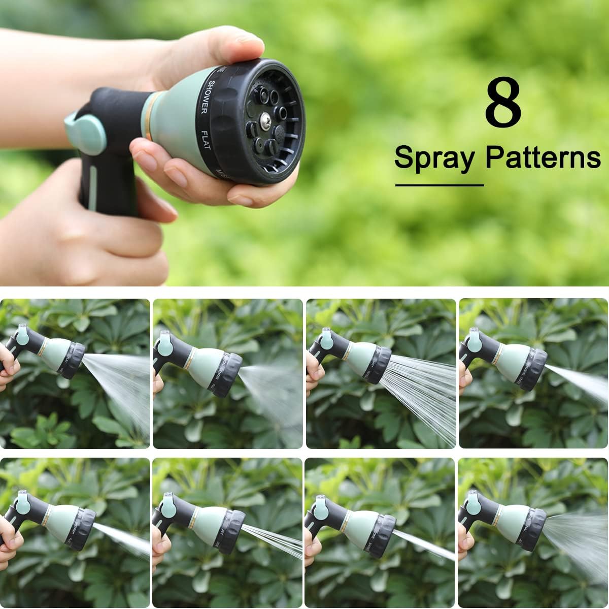 FANHAO Thumb Control Heavy-Duty 8-Pattern Metal Hose Nozzle - ‎Light Green