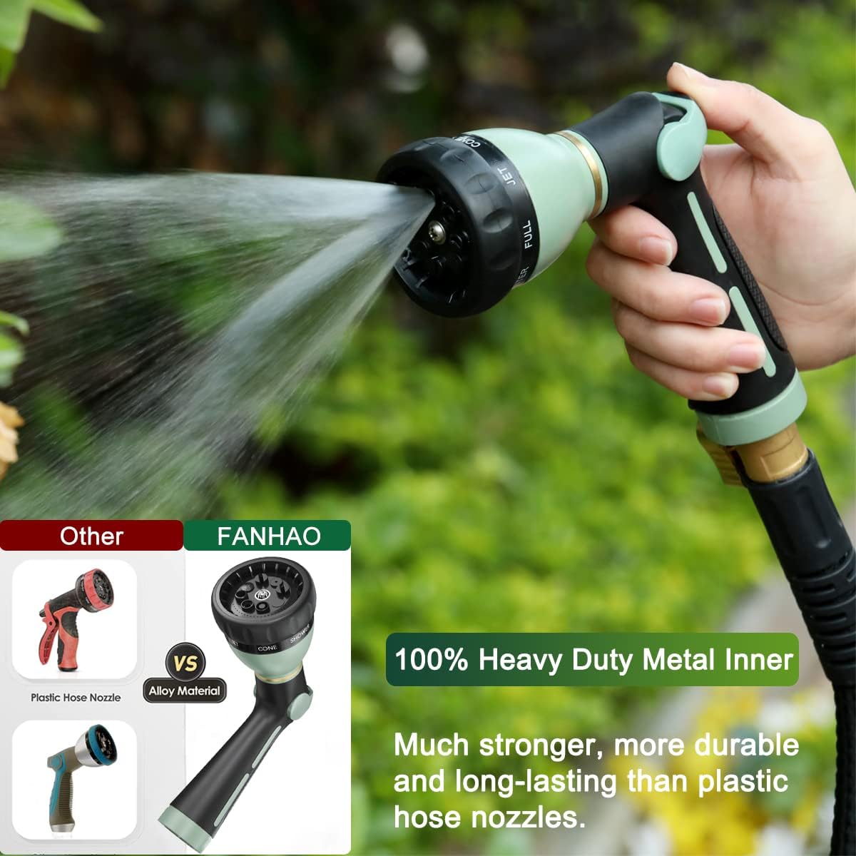 FANHAO Thumb Control Heavy-Duty 8-Pattern Metal Hose Nozzle - ‎Light Green