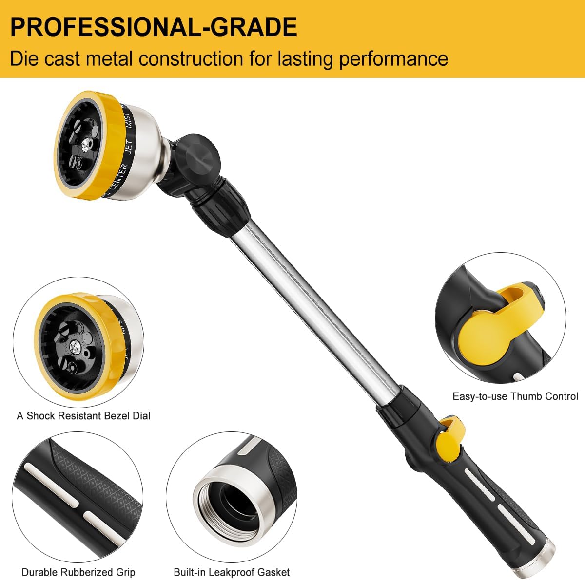 FANHAO Metal Watering Wand,  16-Inch Heavy Duty Garden Hose Wand with 9 Spray Patterns-‎Yellow