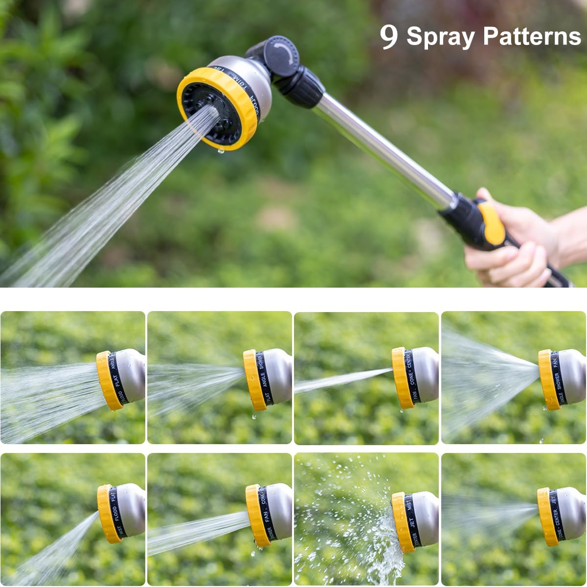 FANHAO Metal Watering Wand,  16-Inch Heavy Duty Garden Hose Wand with 9 Spray Patterns-‎Yellow
