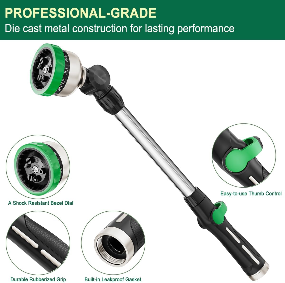 FANHAO Metal Watering Wand, 16-Inch Heavy Duty Garden Hose Wand with 9 Spray Patterns-‎Green