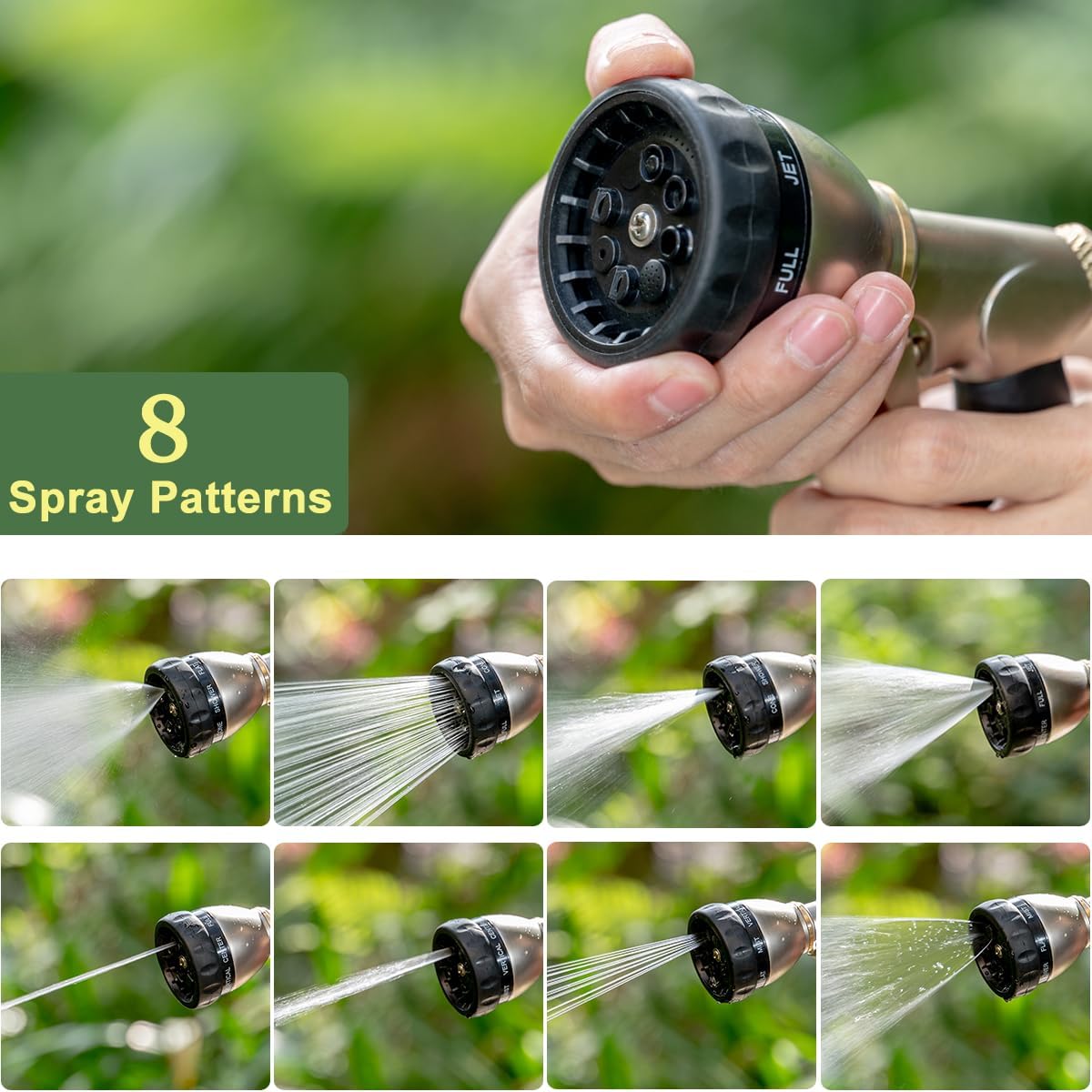 FANHAO Heavy Duty Garden Hose Nozzle, 100% Metal Water Nozzle with 8 Adjustable Spray Patterns-Black