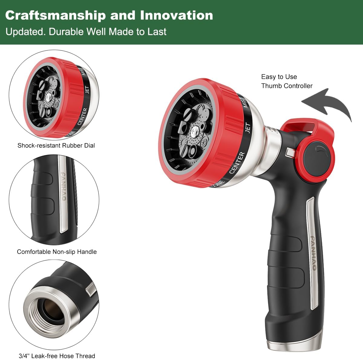 FANHAO Heavy Duty Thumb Control Garden Hose Nozzle - 9 Spray Modes