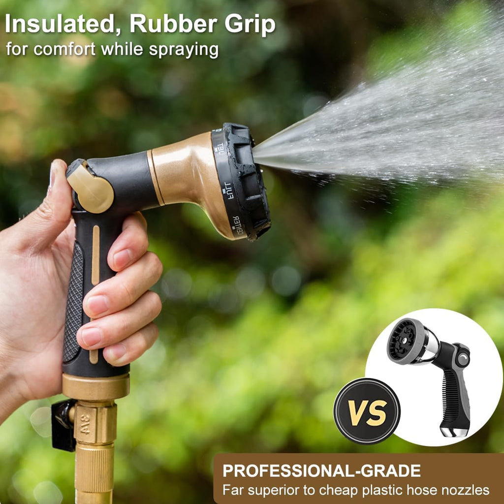 FANHAO Garden Hose Nozzle Heavy Duty,100% Metal Water Hose Sprayer with 8 Spray Patterns-Khaki
