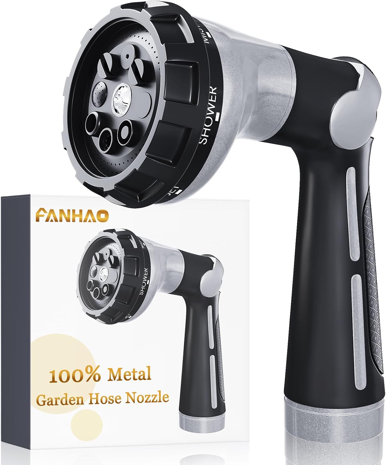 FANHAO Garden Hose Nozzle Heavy Duty,100% Metal Water Hose Sprayer with 8 Spray Patterns-Silver