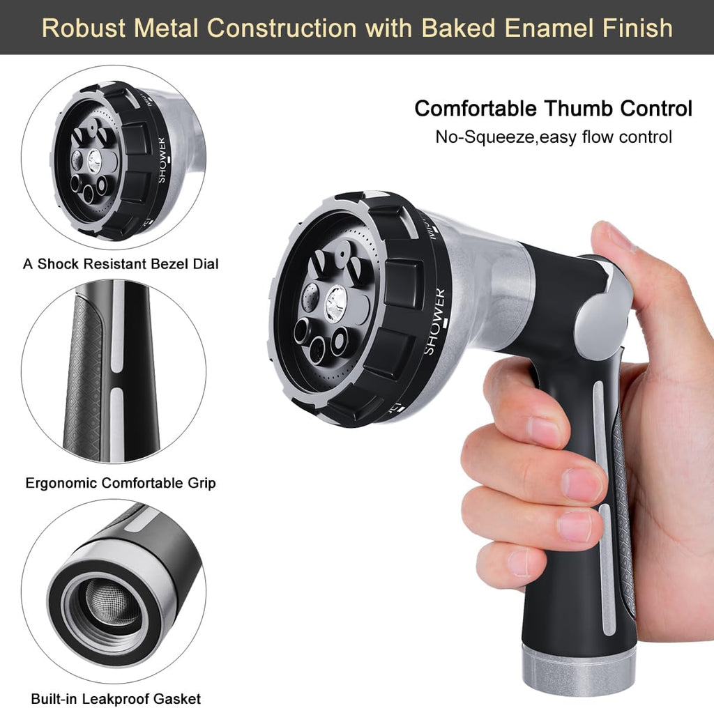 FANHAO Garden Hose Nozzle Heavy Duty,100% Metal Water Hose Sprayer with 8 Spray Patterns-Silver