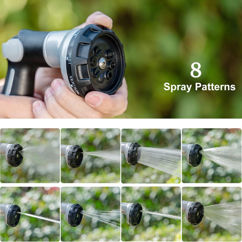 FANHAO Garden Hose Nozzle Heavy Duty,100% Metal Water Hose Sprayer with 8 Spray Patterns-Silver