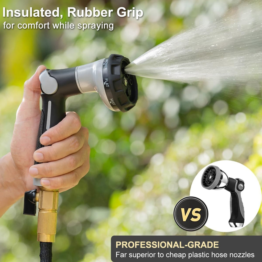 FANHAO Garden Hose Nozzle Heavy Duty,100% Metal Water Hose Sprayer with 8 Spray Patterns-Silver