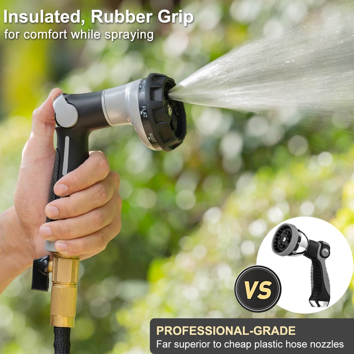 FANHAO Garden Hose Nozzle Heavy Duty,100% Metal Water Hose Sprayer with 8 Spray Patterns-Silver