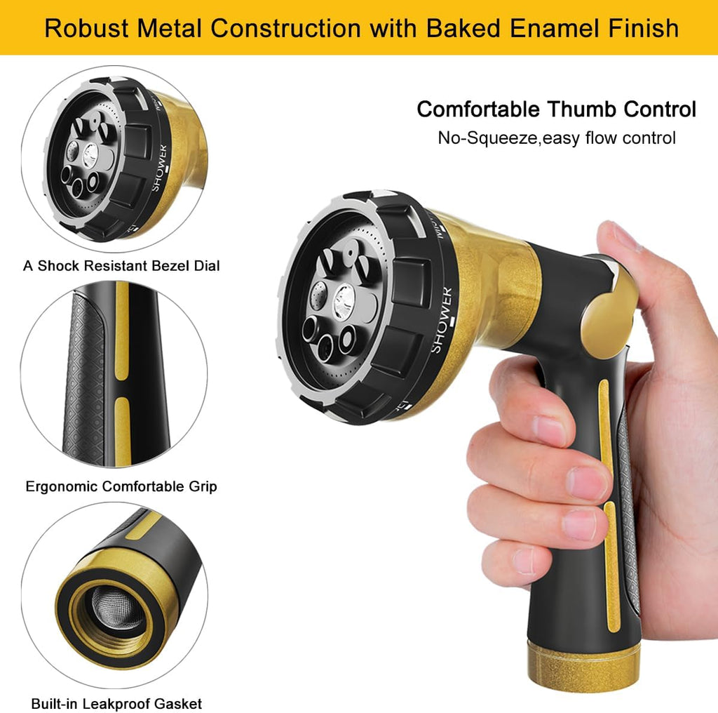 FANHAO Garden Hose Nozzle Heavy Duty,100% Metal Water Hose Sprayer with 8 Spray Patterns-Yellow