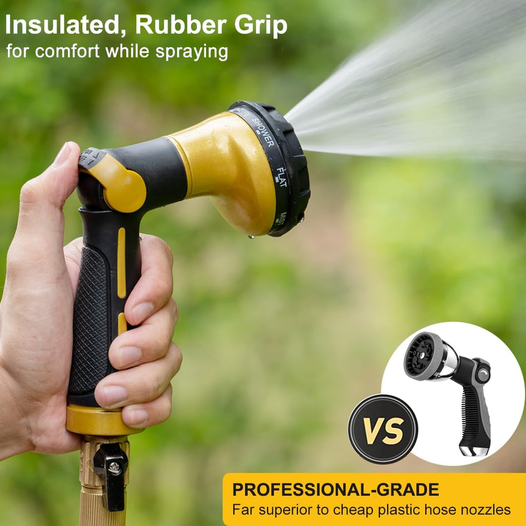 FANHAO Garden Hose Nozzle Heavy Duty,100% Metal Water Hose Sprayer with 8 Spray Patterns-Yellow