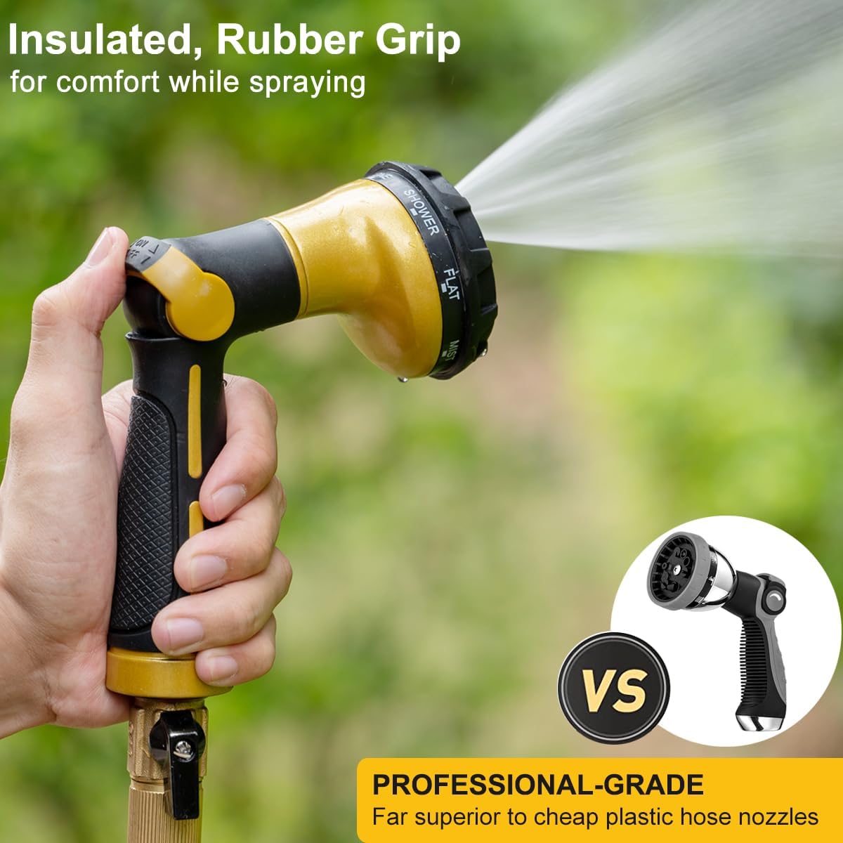 FANHAO Garden Hose Nozzle Heavy Duty,100% Metal Water Hose Sprayer with 8 Spray Patterns-Yellow