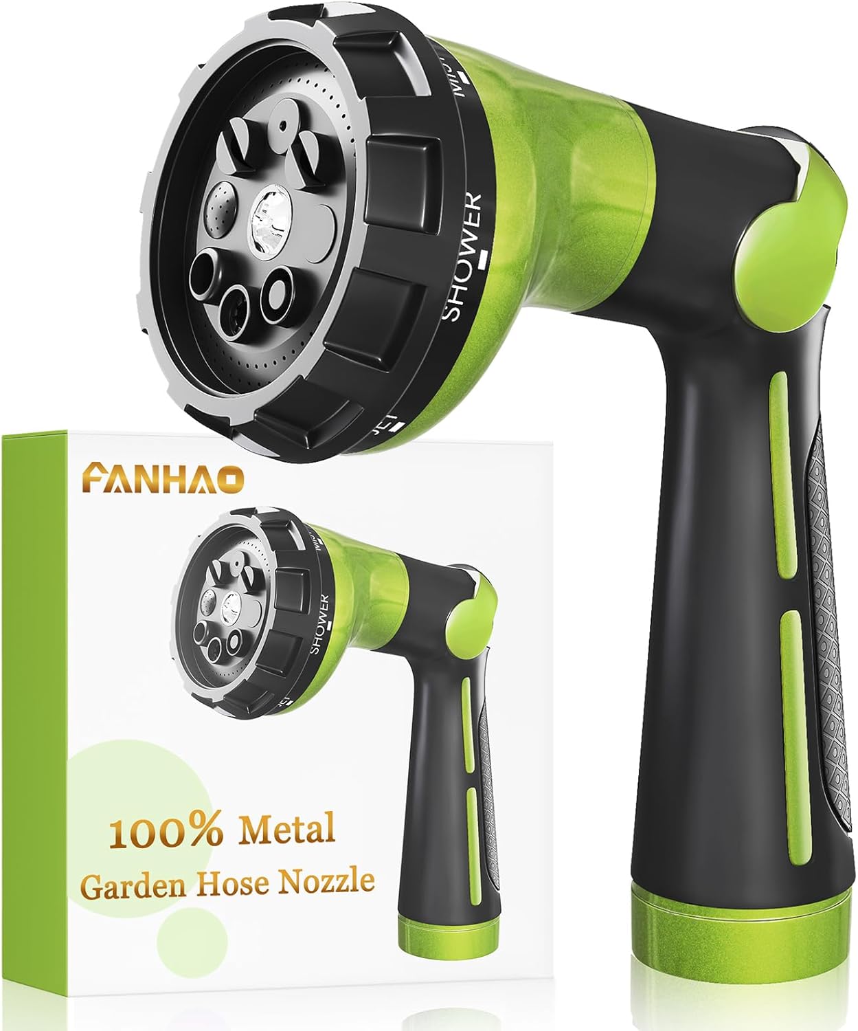 FANHAO Garden Hose Nozzle Heavy Duty,100% Metal Water Hose Sprayer with 8 Spray Patterns-Green
