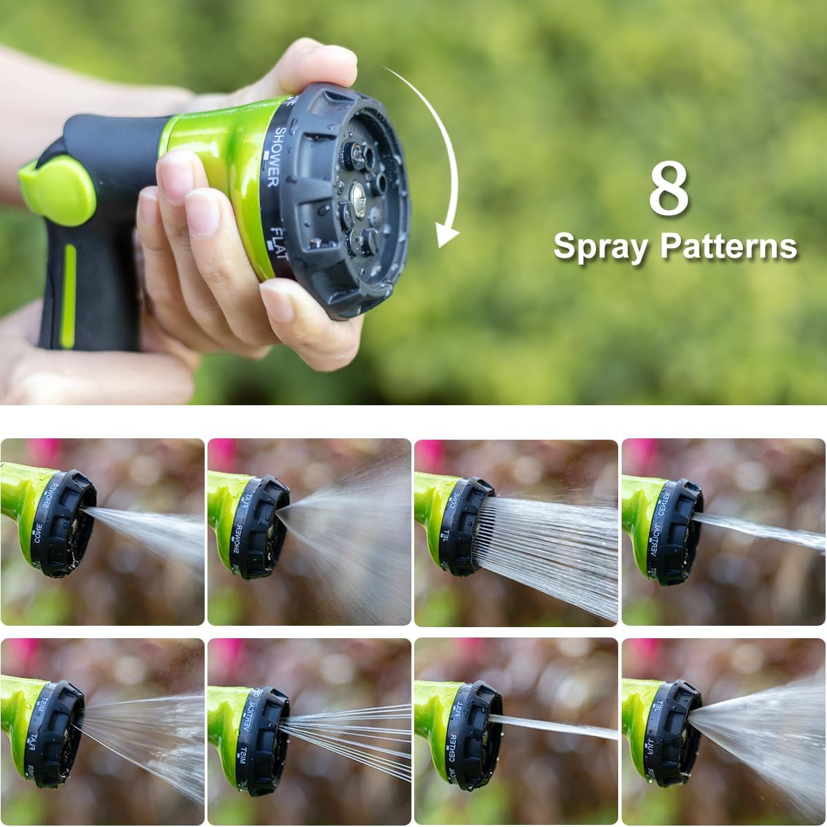 FANHAO Garden Hose Nozzle Heavy Duty,100% Metal Water Hose Sprayer with 8 Spray Patterns-Green