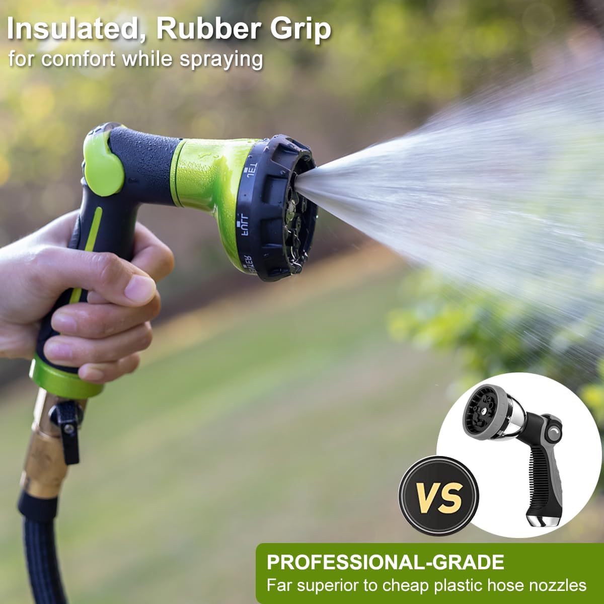 FANHAO Garden Hose Nozzle Heavy Duty,100% Metal Water Hose Sprayer with 8 Spray Patterns-Green