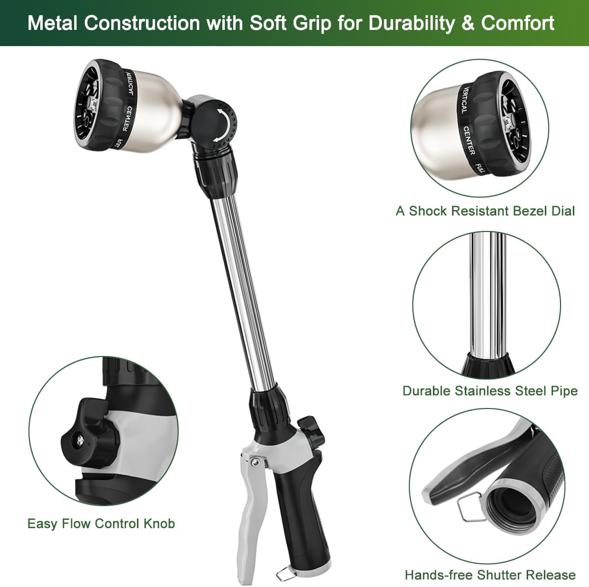 FANHAO Watering Wand Heavy Duty,16 Inches Metal Garden Hose Wand with 8 Spray Patterns