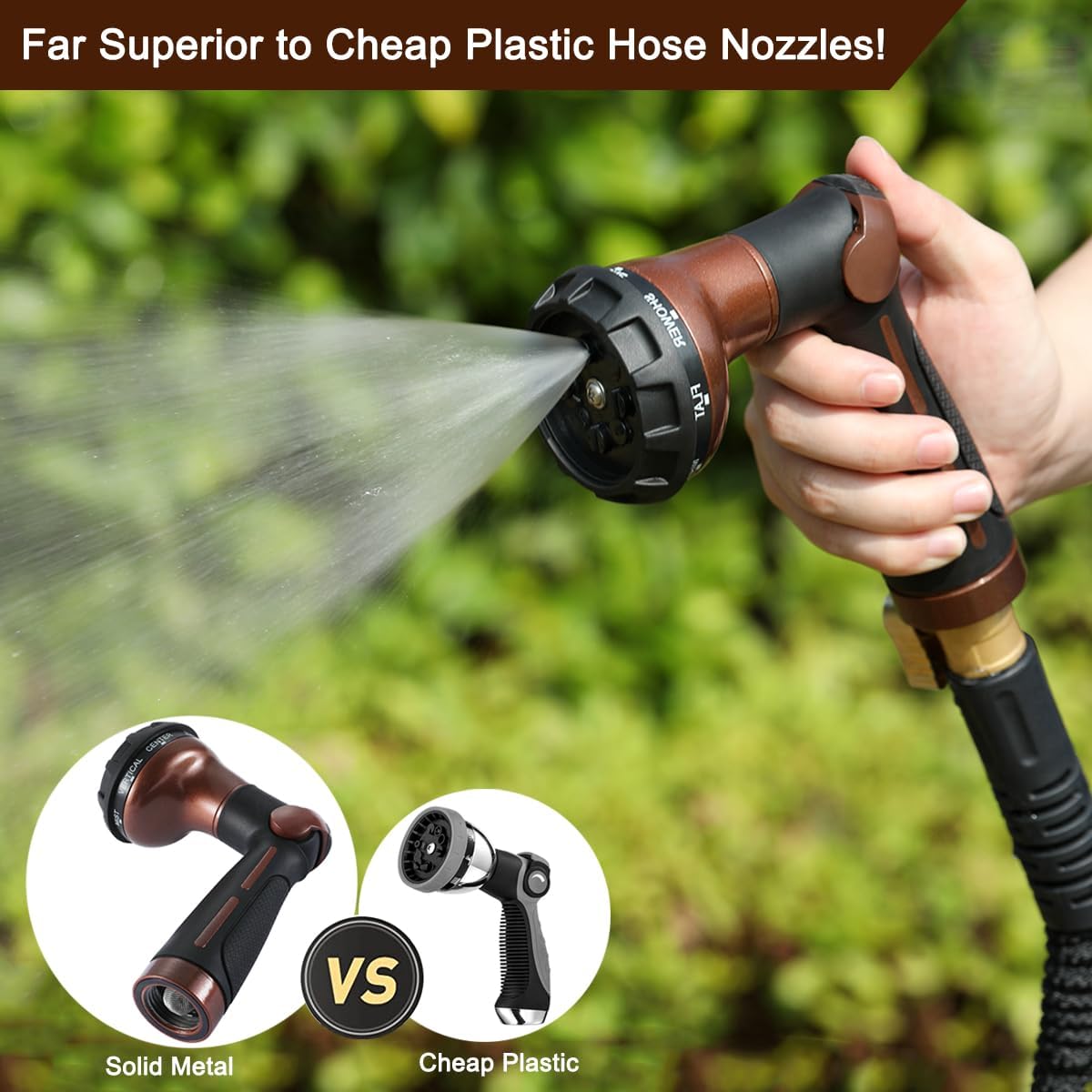 FANHAO Garden Hose Nozzle Heavy Duty, 100% Metal Water Hose Nozzle Sprayer with 8 Spray Patterns