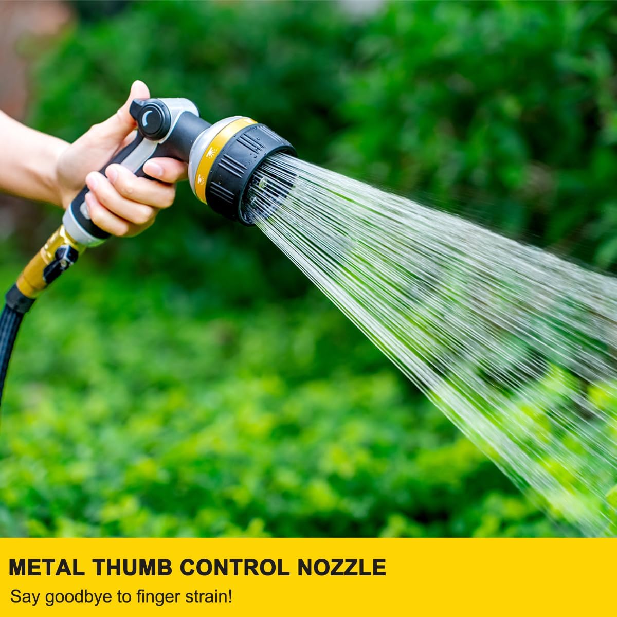 FANHAO Heavy Duty Metal Garden Hose Nozzle – 10 Patterns, Thumb Control, Yellow