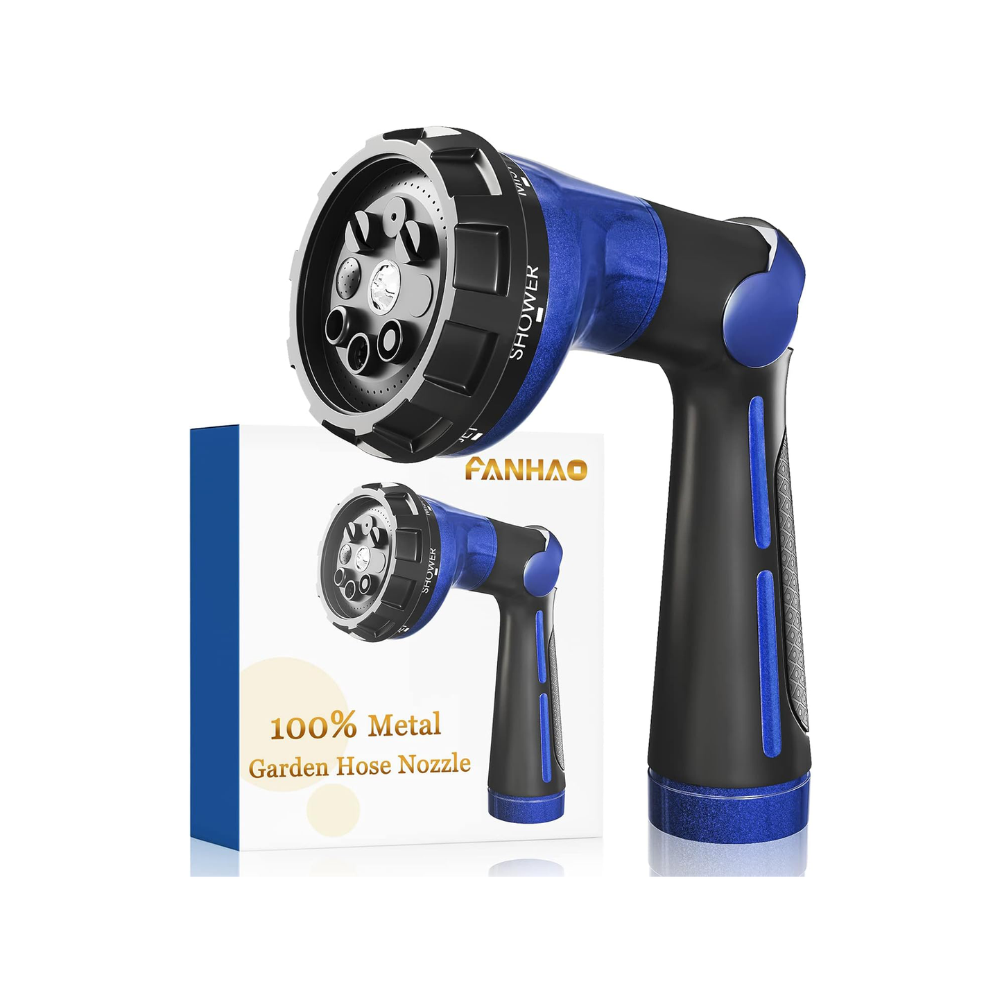 FANHAO Garden Hose Nozzle 100% Heavy Duty Metal Water Hose Sprayer with 8 Spray Patterns-Blue