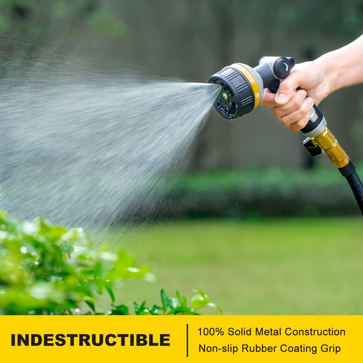 FANHAO Heavy Duty Metal Garden Hose Nozzle – 10 Patterns, Thumb Control, Yellow