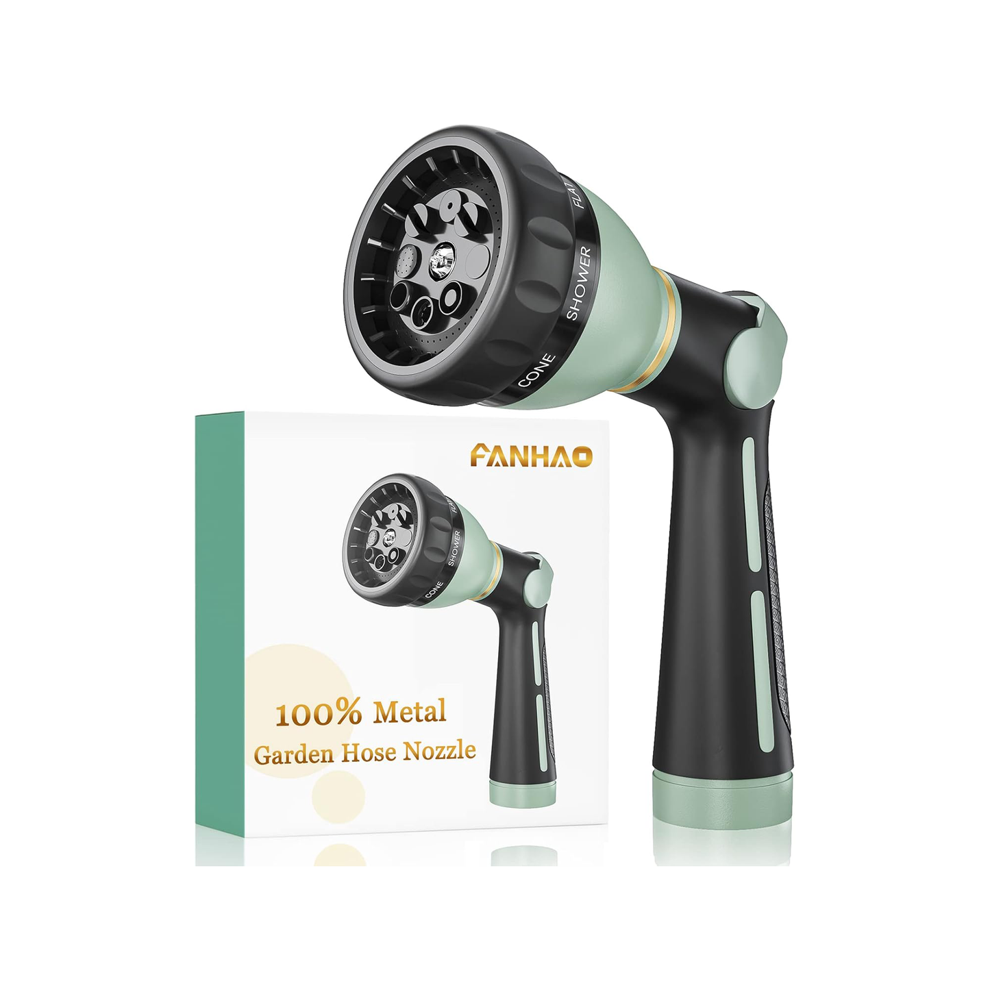 FANHAO Thumb Control Heavy-Duty 8-Pattern Metal Hose Nozzle - ‎Light Green
