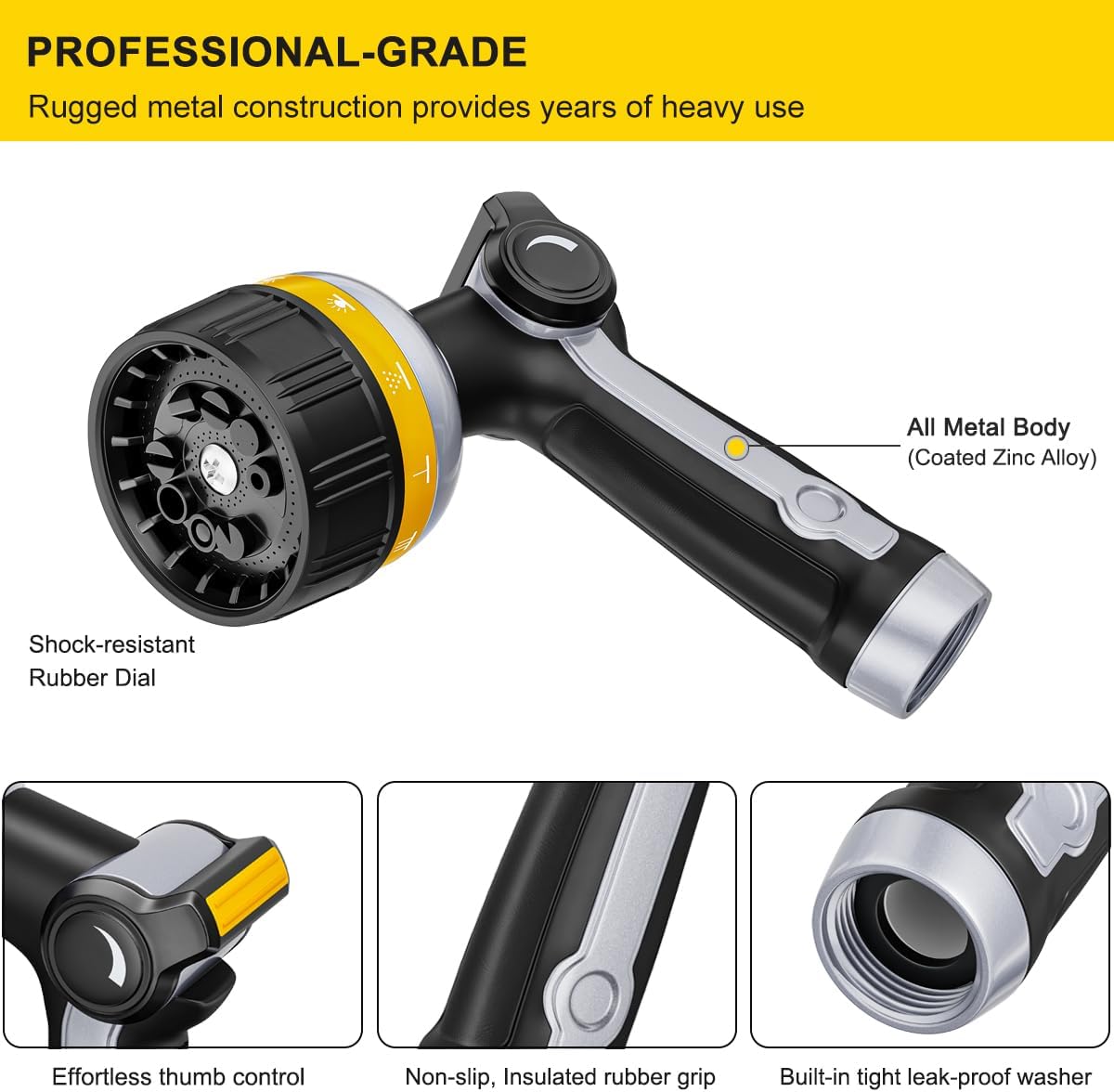 FANHAO Heavy Duty Metal Garden Hose Nozzle – 10 Patterns, Thumb Control, Yellow