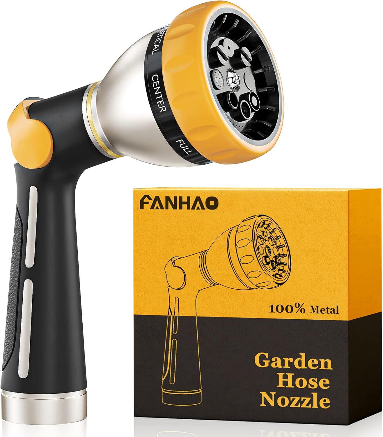FANHAO Thumb Control Heavy-Duty 8-Pattern Metal Hose Nozzle - Black & Yellow