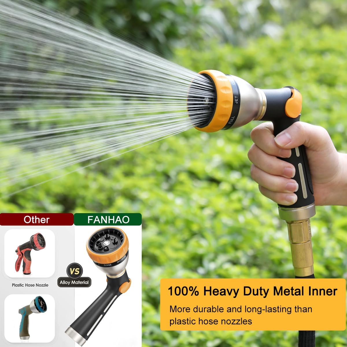 FANHAO Thumb Control Heavy-Duty 8-Pattern Metal Hose Nozzle - Black & Yellow