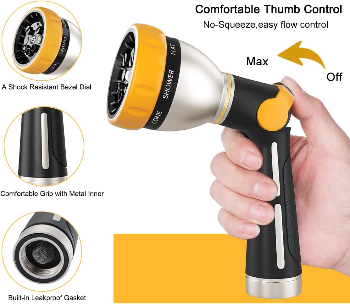 FANHAO Thumb Control Heavy-Duty 8-Pattern Metal Hose Nozzle - Black & Yellow