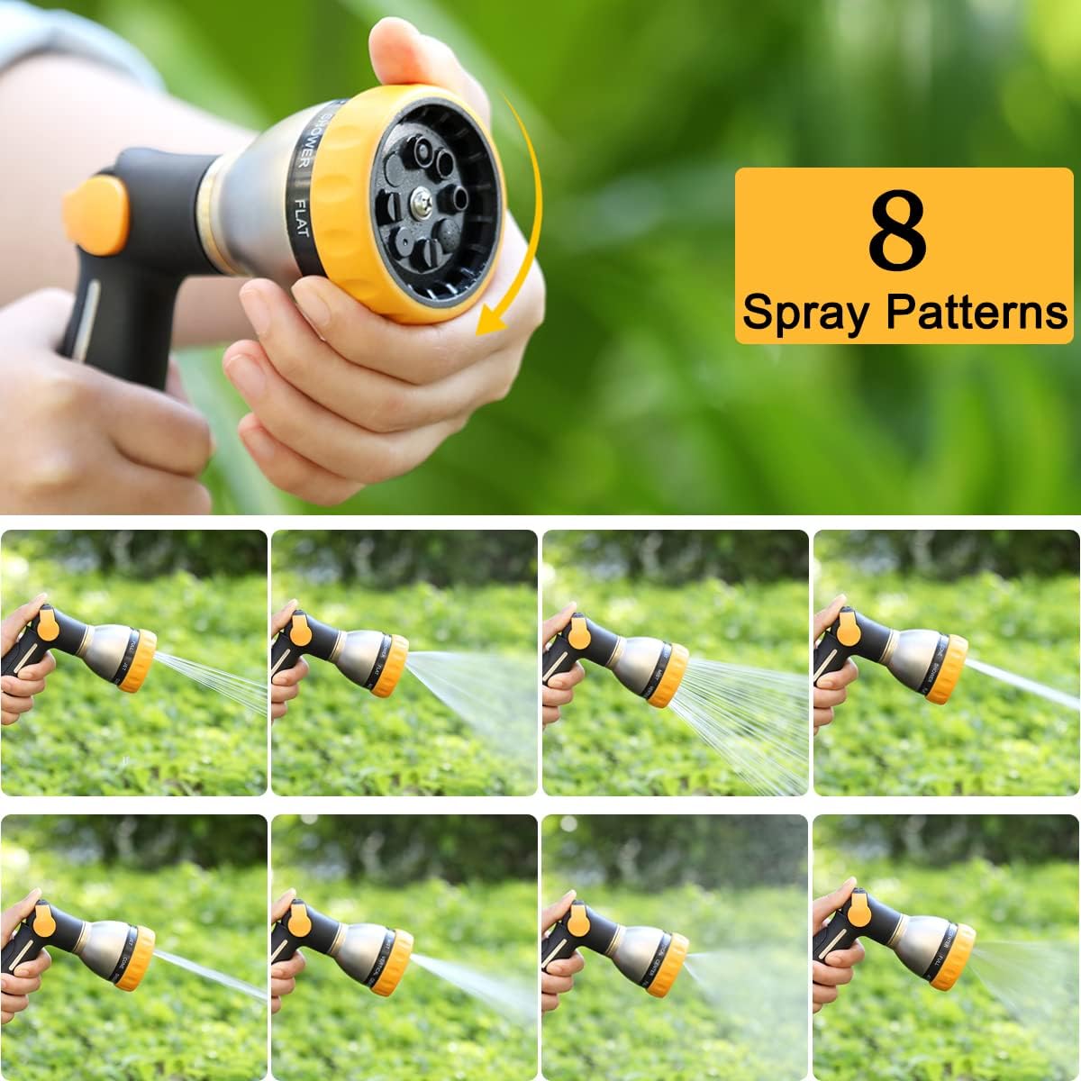 FANHAO Thumb Control Heavy-Duty 8-Pattern Metal Hose Nozzle - Black & Yellow