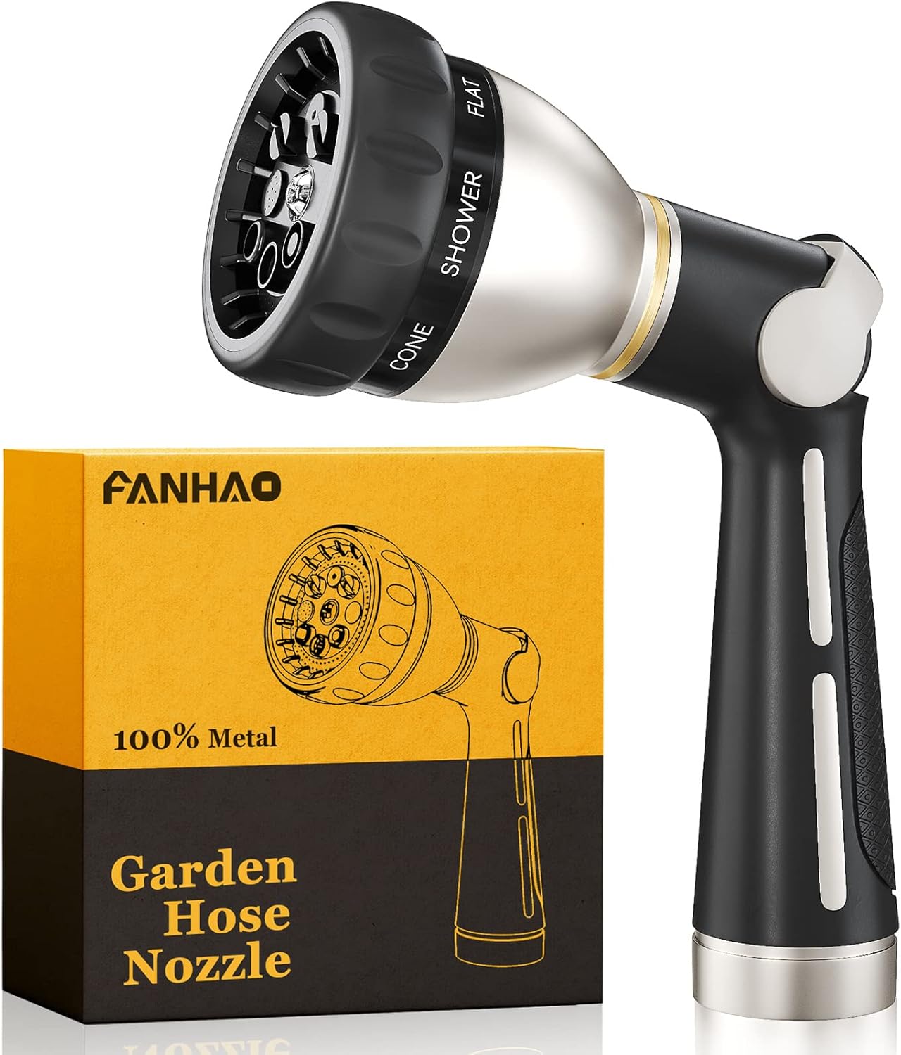 FANHAO Thumb Control Heavy-Duty 8-Pattern Metal Hose Nozzle - Black