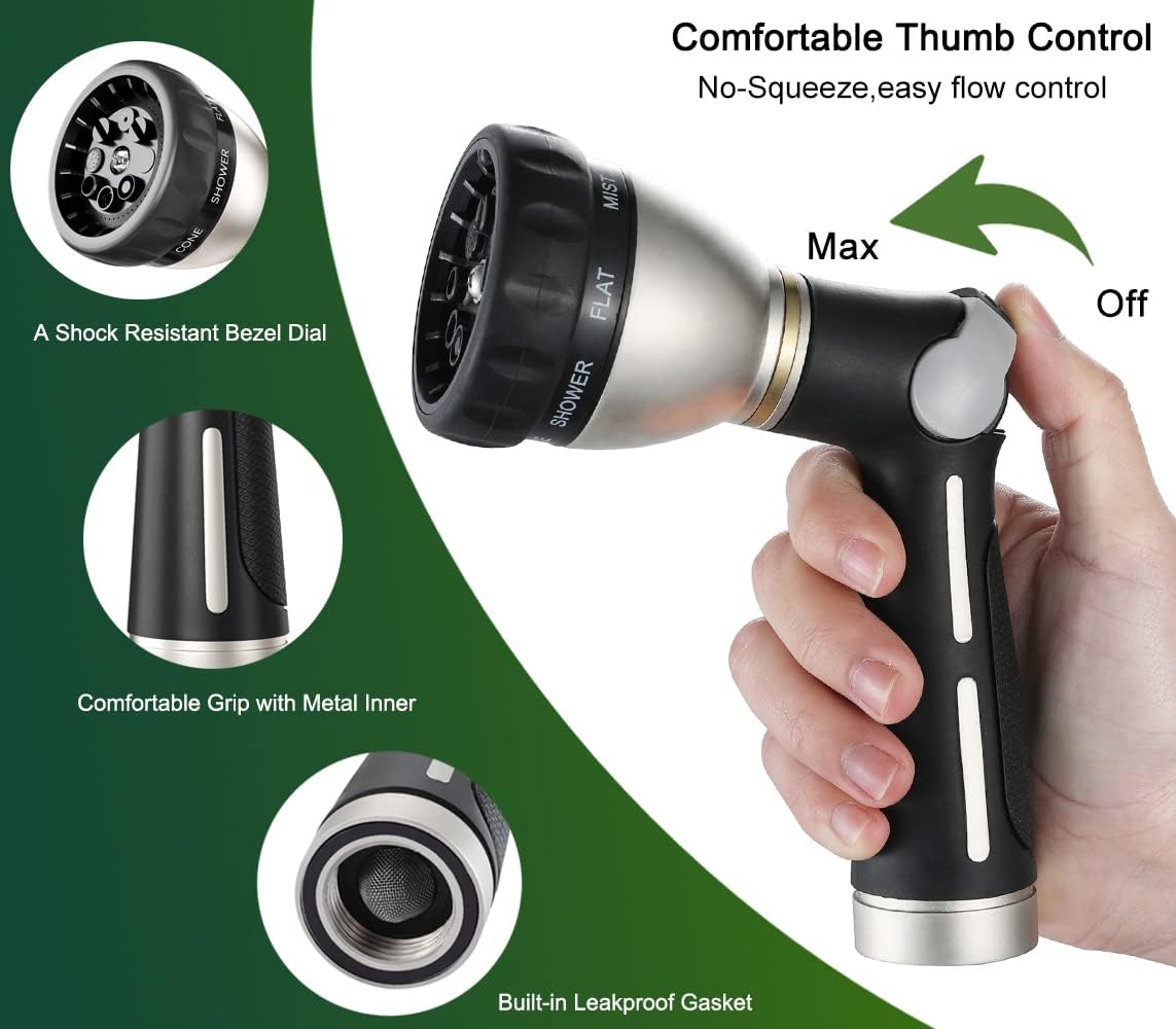 FANHAO Thumb Control Heavy-Duty 8-Pattern Metal Hose Nozzle - Black
