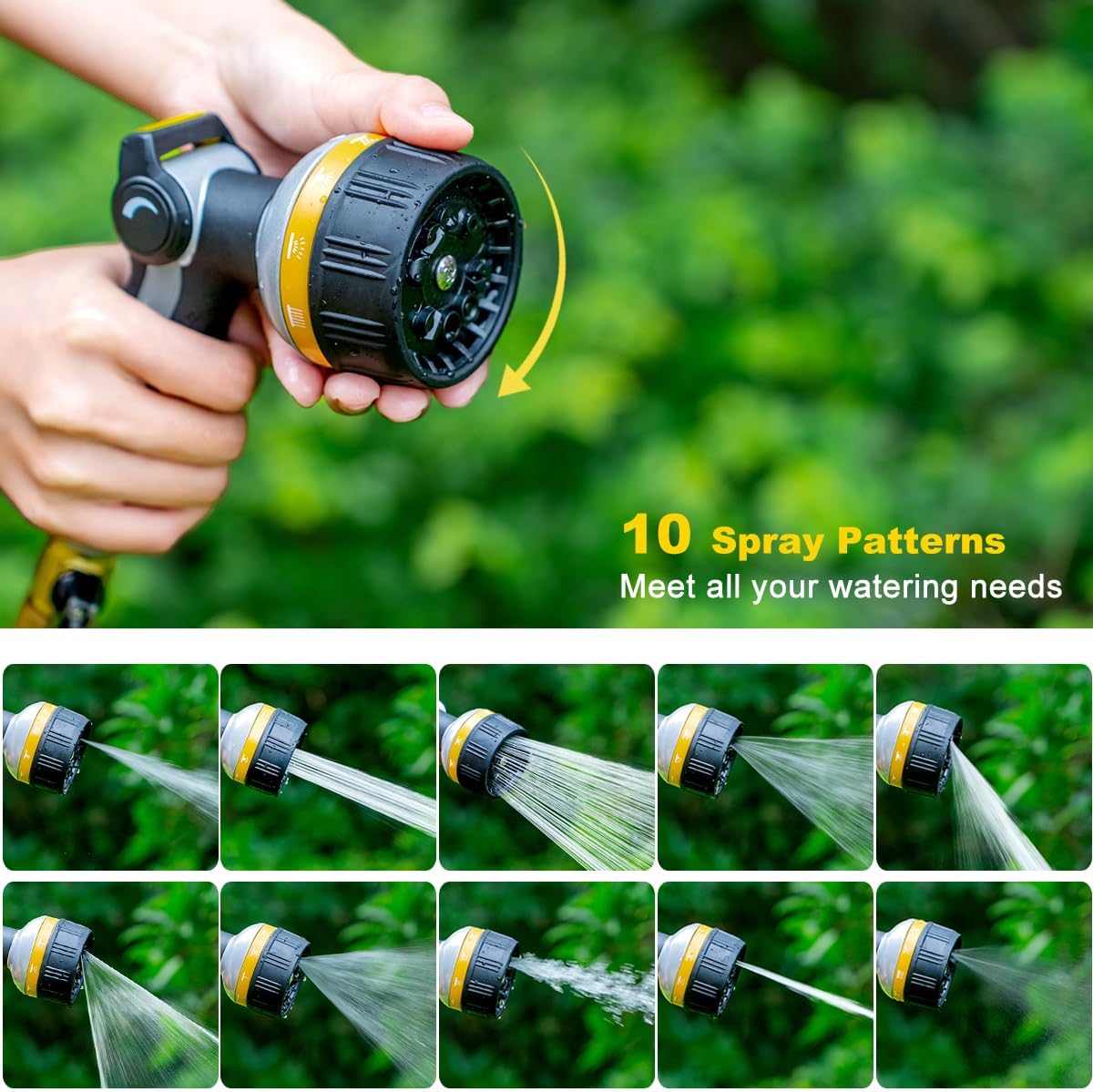 FANHAO Heavy Duty Metal Garden Hose Nozzle – 10 Patterns, Thumb Control, Yellow