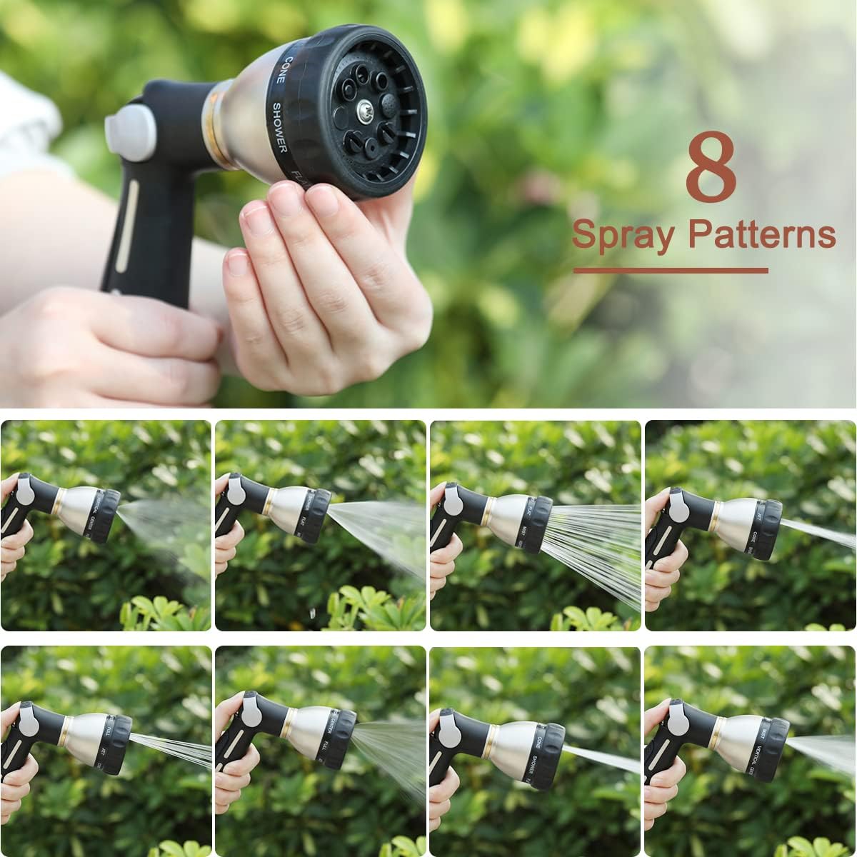 FANHAO Thumb Control Heavy-Duty 8-Pattern Metal Hose Nozzle - Black
