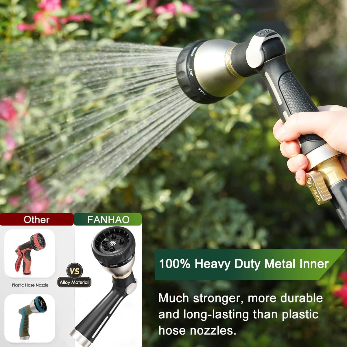 FANHAO Thumb Control Heavy-Duty 8-Pattern Metal Hose Nozzle - Black