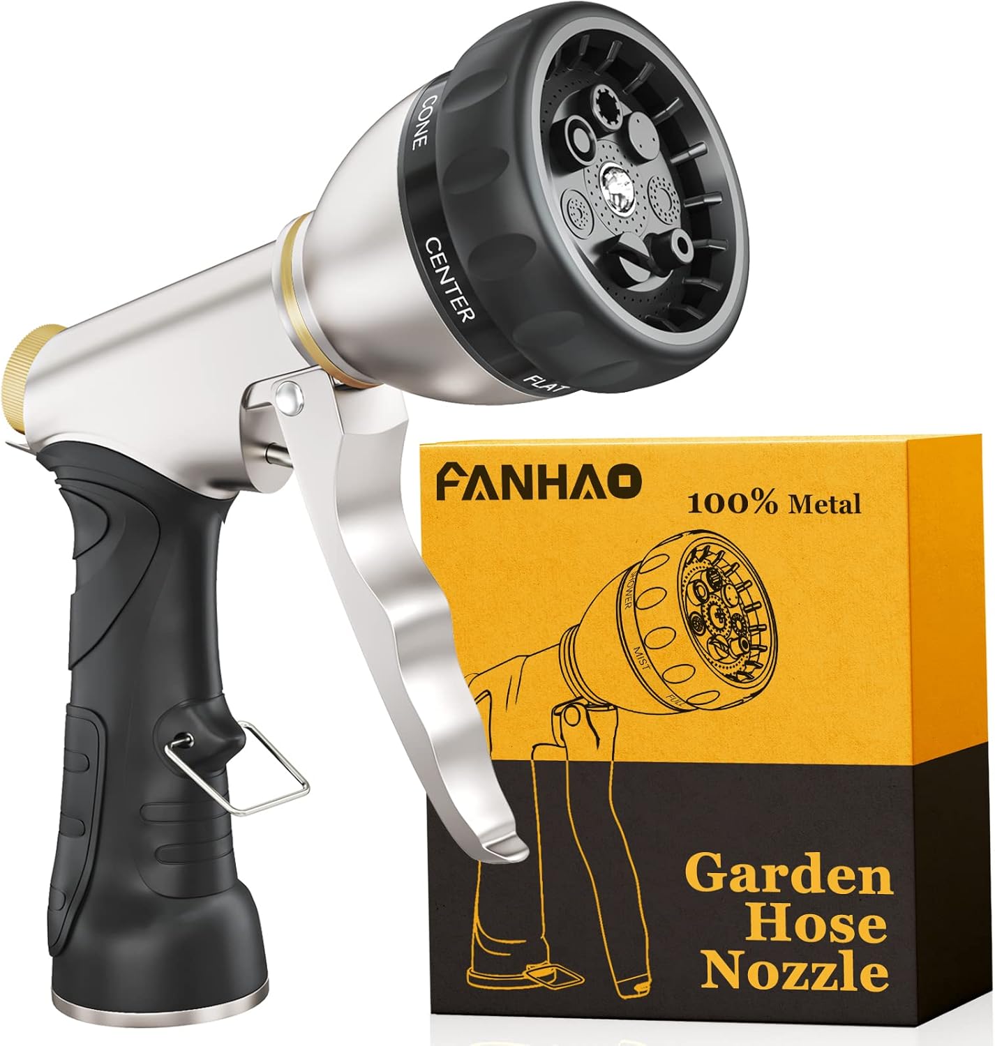 FANHAO Heavy-Duty Metal Hose Nozzle - 7 Spray Patterns, Ergonomic Grip