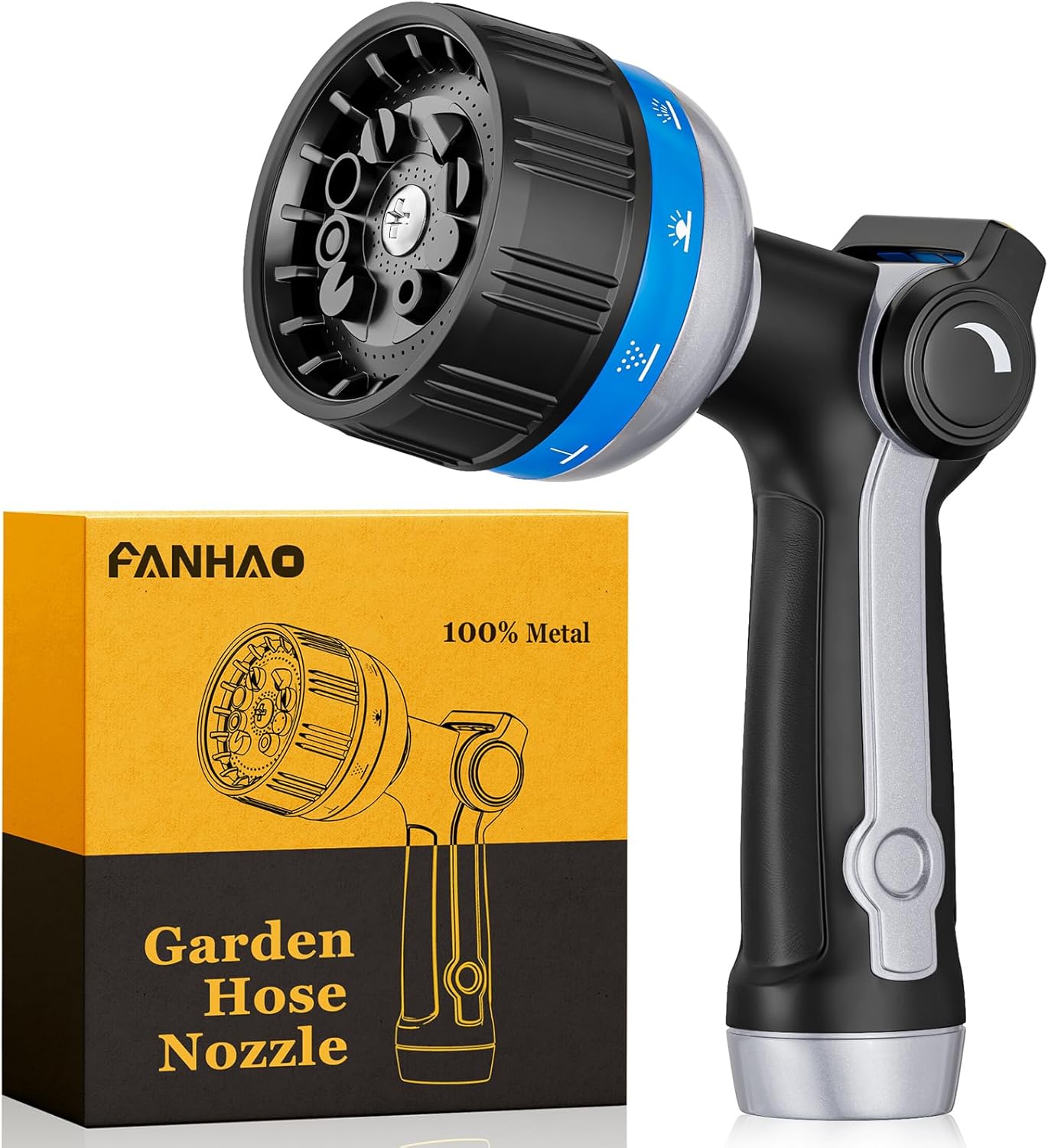 FANHAO Heavy Duty Metal Garden Hose Nozzle – 10 Patterns, Thumb Control, Blue