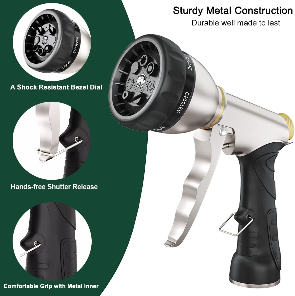 FANHAO Heavy-Duty Metal Hose Nozzle - 7 Spray Patterns, Ergonomic Grip