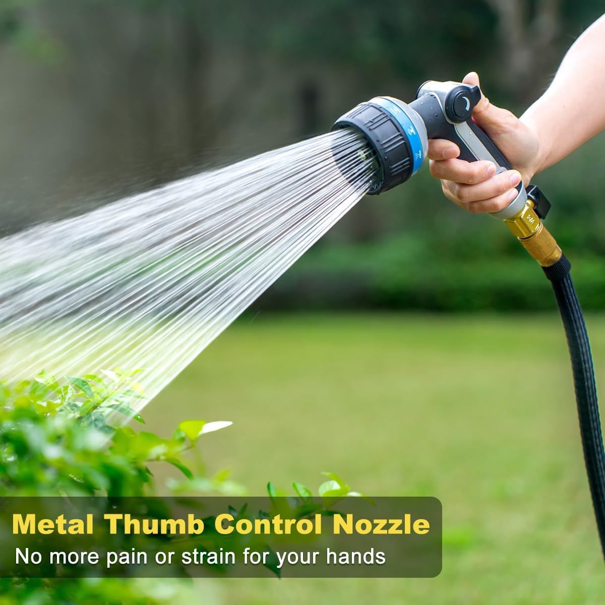 FANHAO Heavy Duty Metal Garden Hose Nozzle – 10 Patterns, Thumb Control, Blue