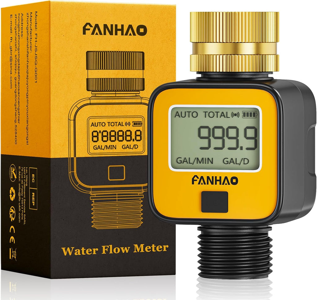 FANHAO Water Flow Meter with Brass Inlet Metal Thread | IPX6 Waterproof, Digital LCD Display