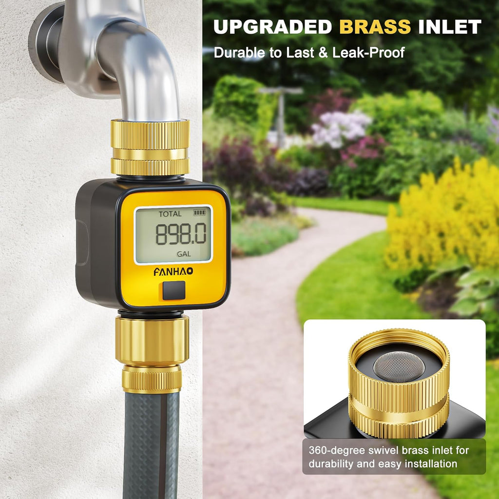 FANHAO Water Flow Meter with Brass Inlet Metal Thread | IPX6 Waterproof, Digital LCD Display