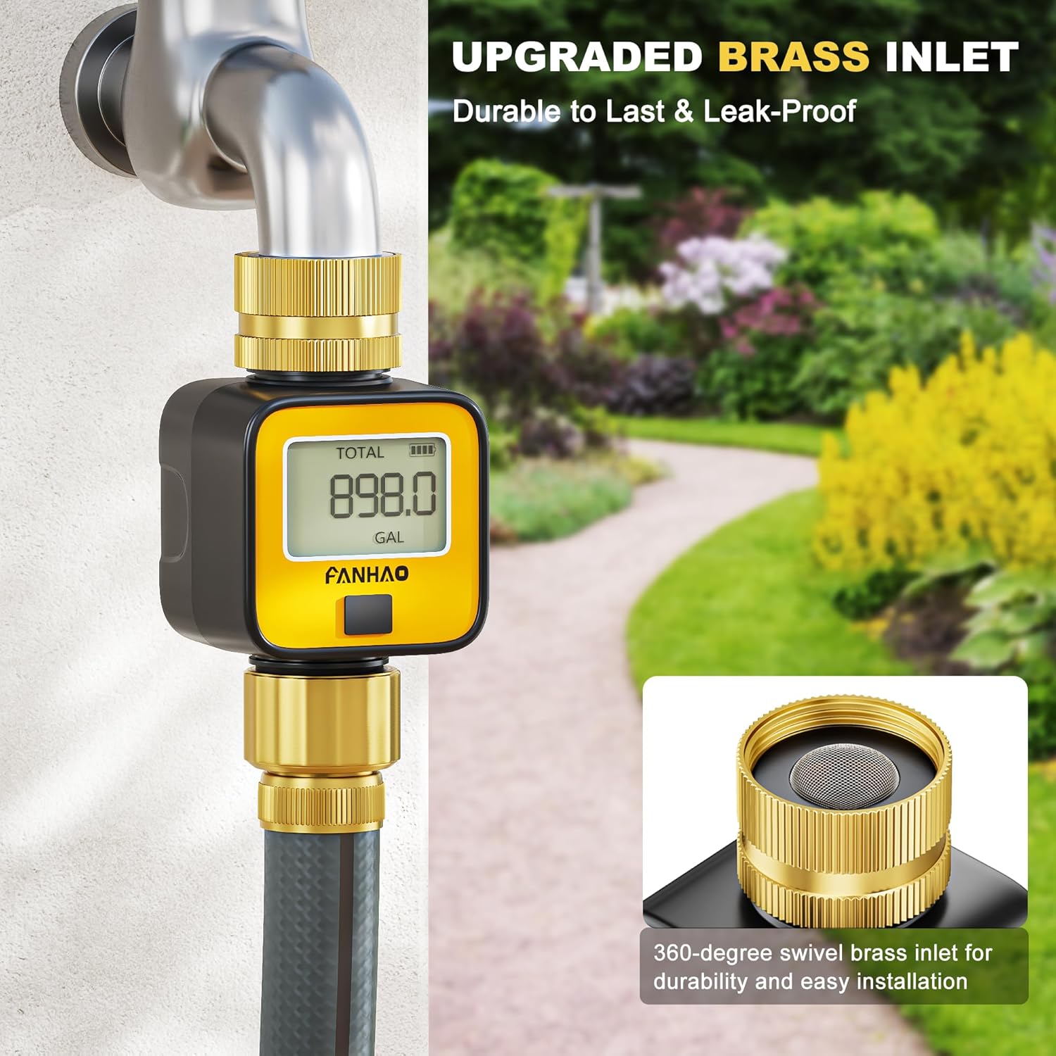FANHAO Water Flow Meter with Brass Inlet Metal Thread | IPX6 Waterproof, Digital LCD Display