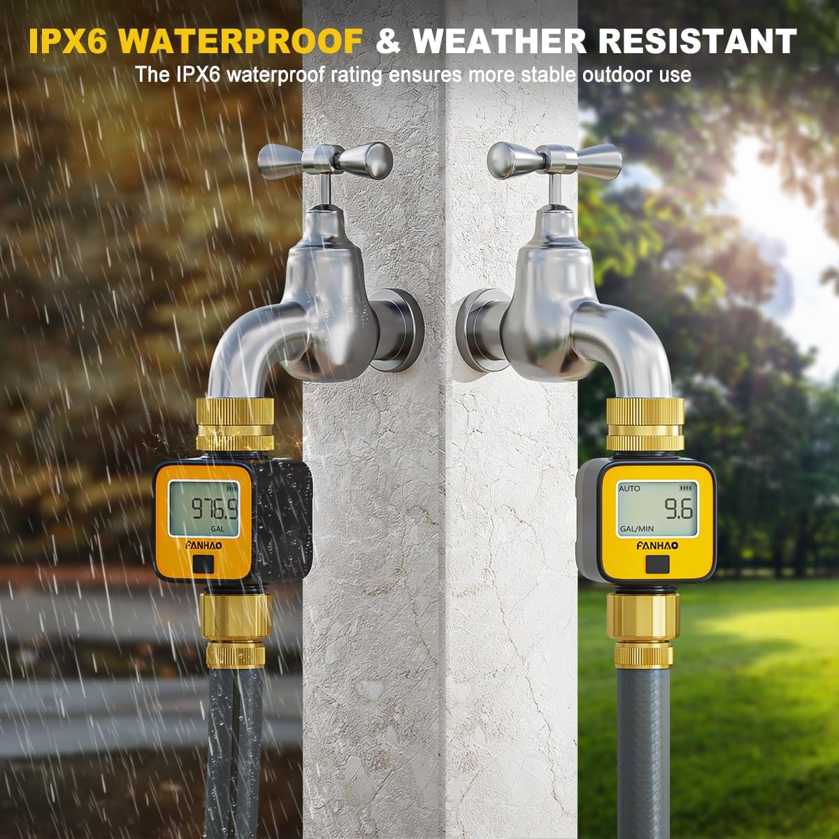 FANHAO Water Flow Meter with Brass Inlet Metal Thread | IPX6 Waterproof, Digital LCD Display